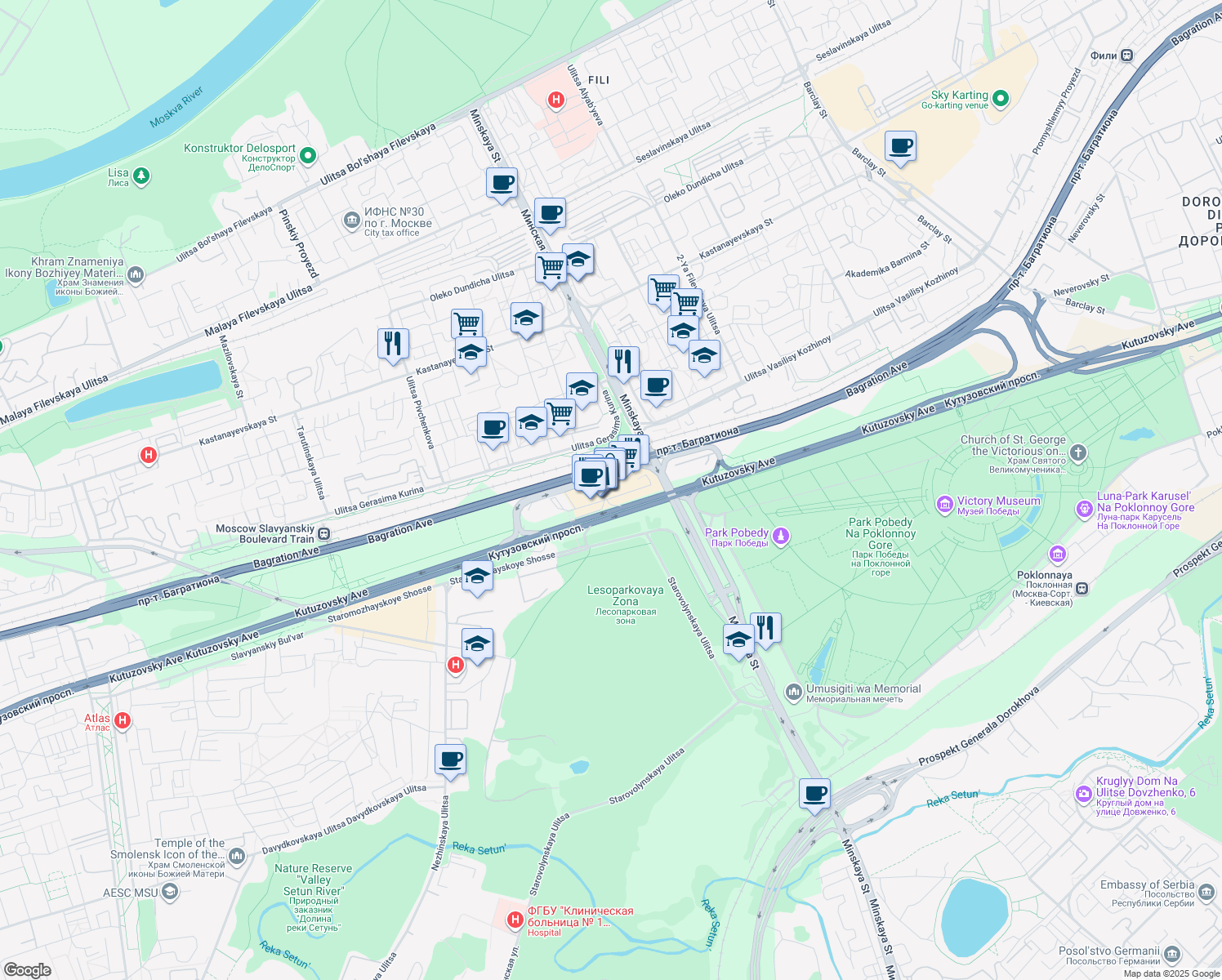 map of restaurants, bars, coffee shops, grocery stores, and more near 48 Kutuzovskiy prospekt in Moskva