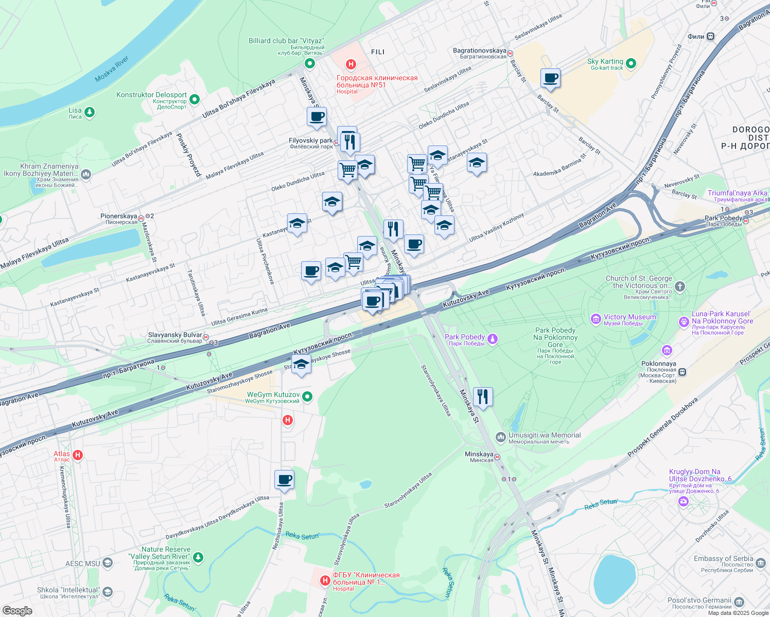 map of restaurants, bars, coffee shops, grocery stores, and more near in Moscow