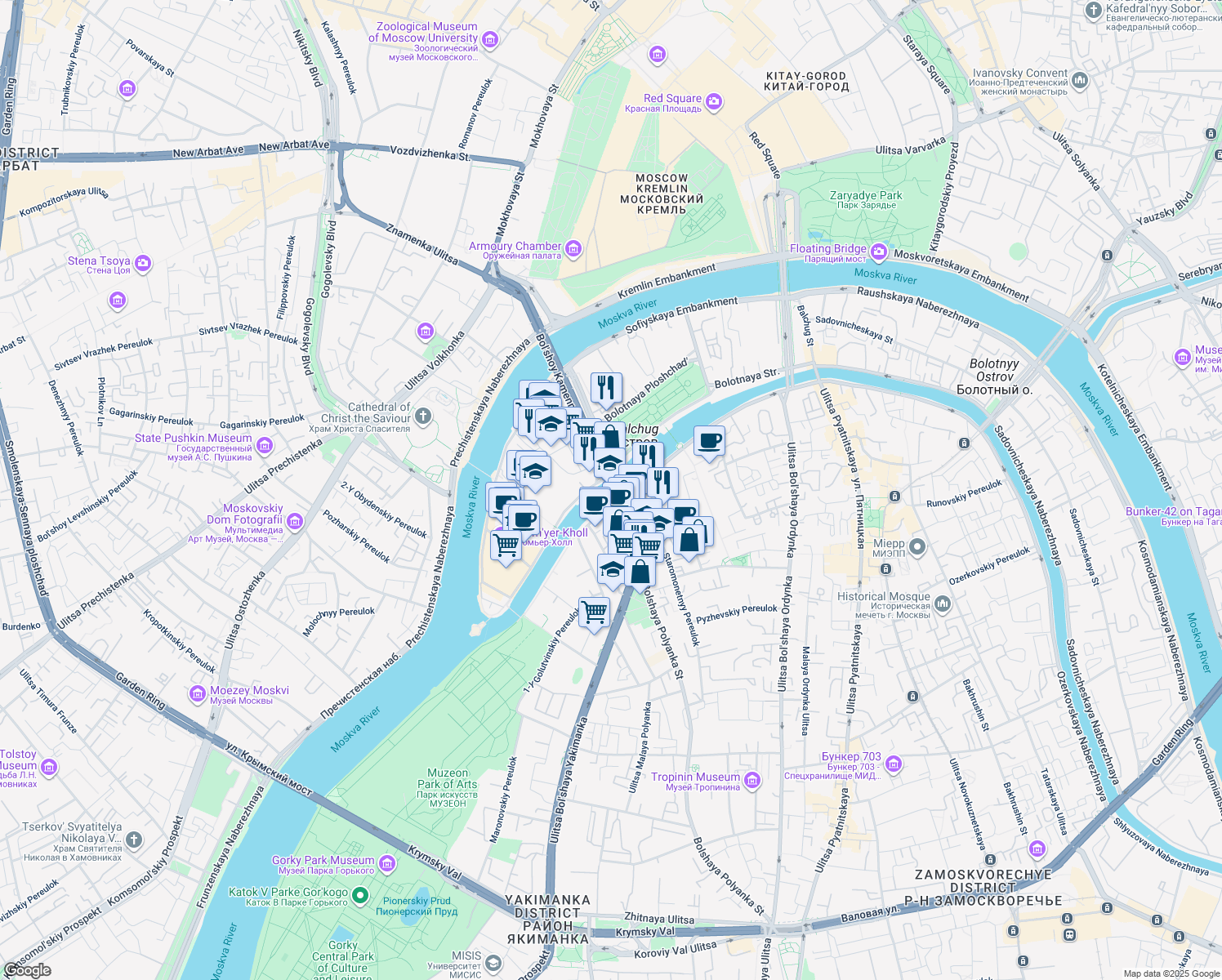 map of restaurants, bars, coffee shops, grocery stores, and more near in Moscow