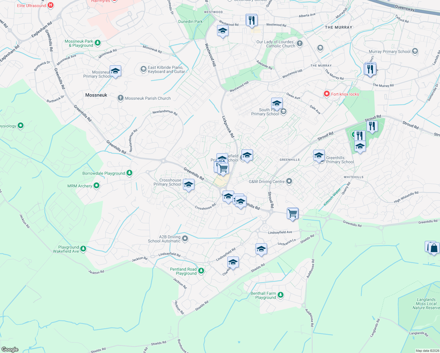 map of restaurants, bars, coffee shops, grocery stores, and more near in East Kilbride