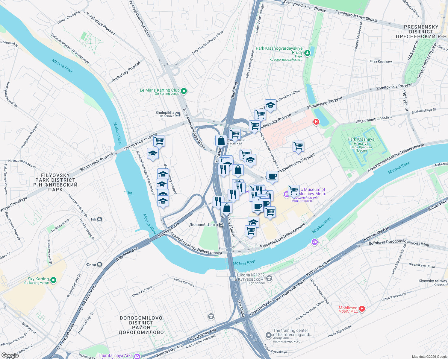 map of restaurants, bars, coffee shops, grocery stores, and more near 10 ulitsa Testovskaya in Moscow