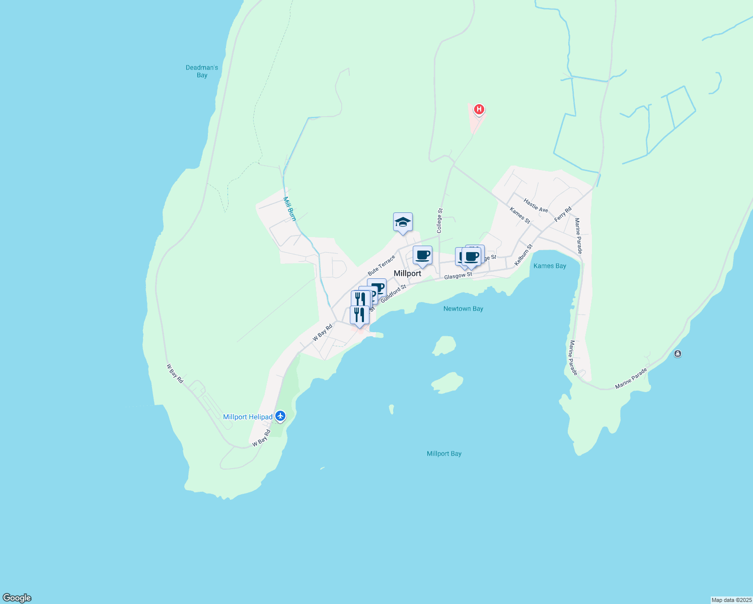 map of restaurants, bars, coffee shops, grocery stores, and more near 51 Stuart Street in Millport