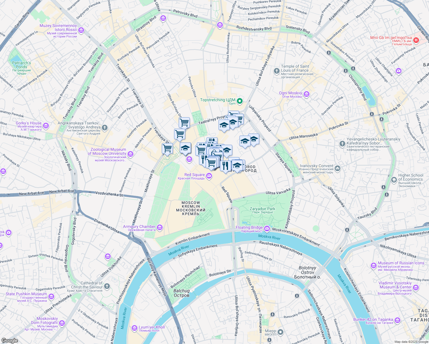 map of restaurants, bars, coffee shops, grocery stores, and more near 3 Krasnaya ploshad in Moskva