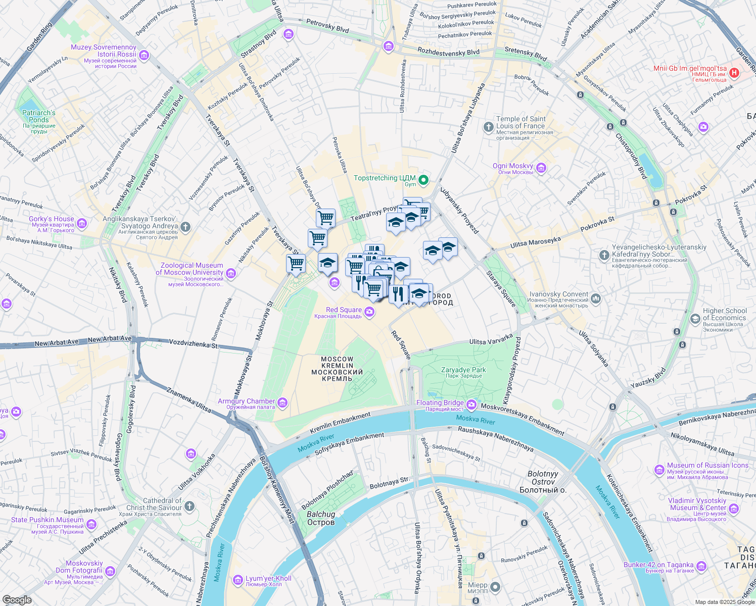 map of restaurants, bars, coffee shops, grocery stores, and more near 3 Krasnaya ploshad in Moskva