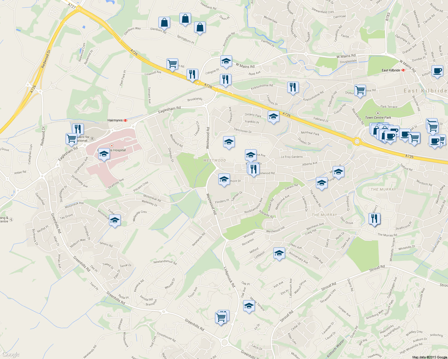 map of restaurants, bars, coffee shops, grocery stores, and more near in East Kilbride