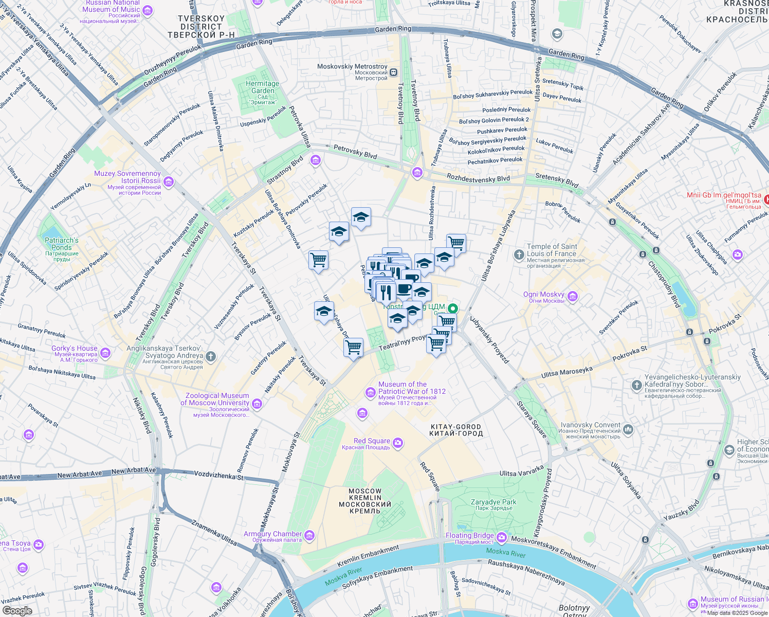 map of restaurants, bars, coffee shops, grocery stores, and more near 2 Petrovka Ulitsa in Moskva