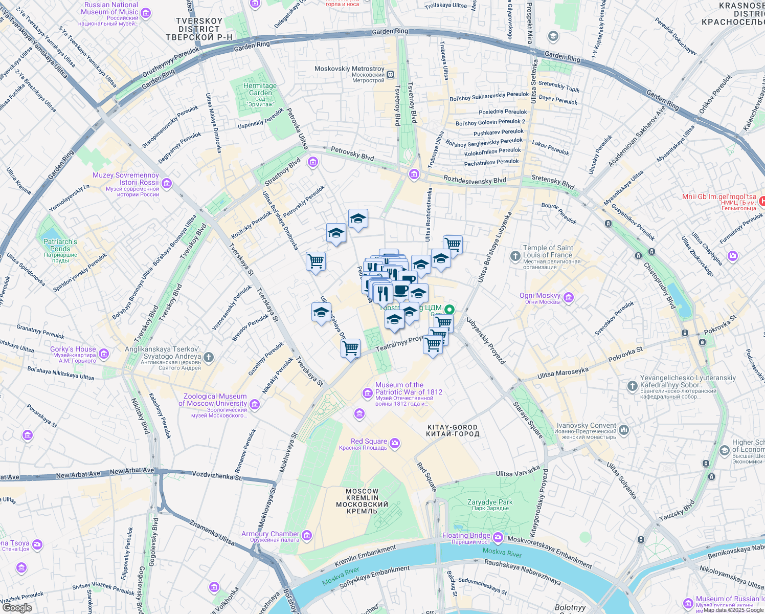 map of restaurants, bars, coffee shops, grocery stores, and more near 2 Petrovka Ulitsa in Moskva