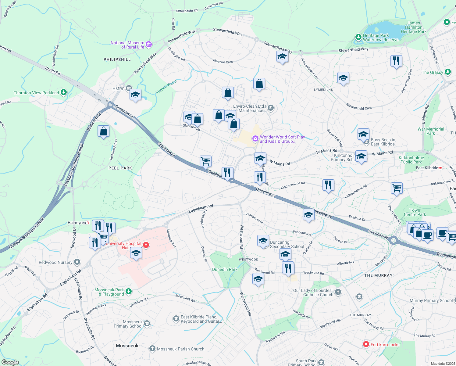 map of restaurants, bars, coffee shops, grocery stores, and more near in East Kilbride