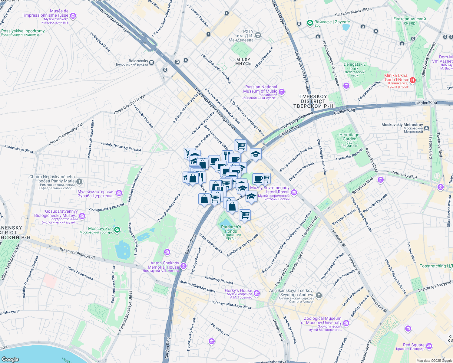 map of restaurants, bars, coffee shops, grocery stores, and more near 3 Bolshaya Sadovaya ulitsa in Moskva