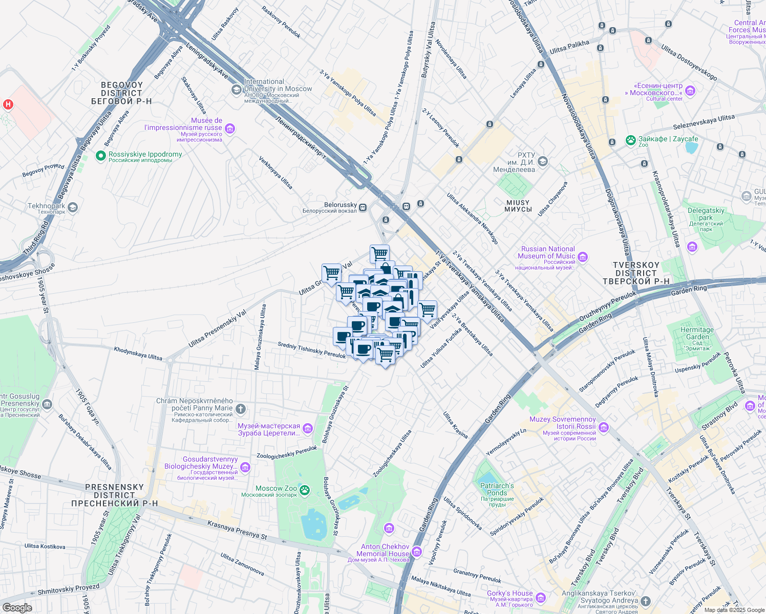 map of restaurants, bars, coffee shops, grocery stores, and more near in Moscow