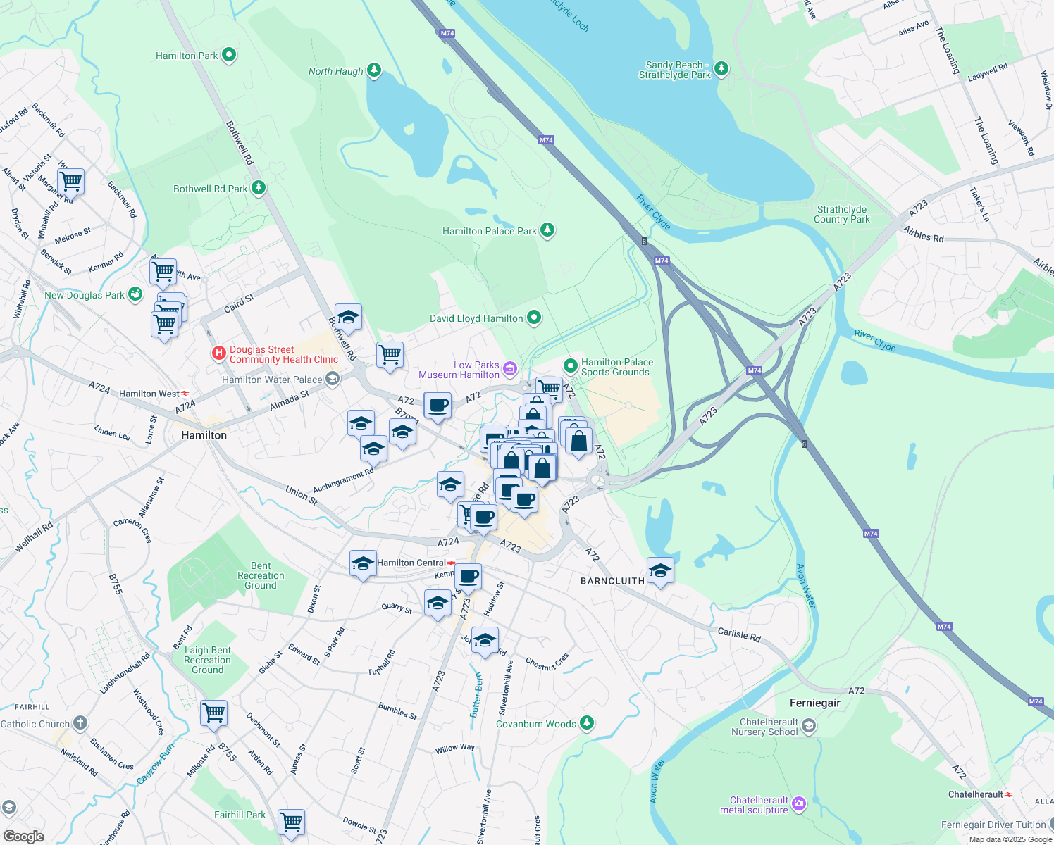 map of restaurants, bars, coffee shops, grocery stores, and more near 54 Castle Street in South Lanarkshire