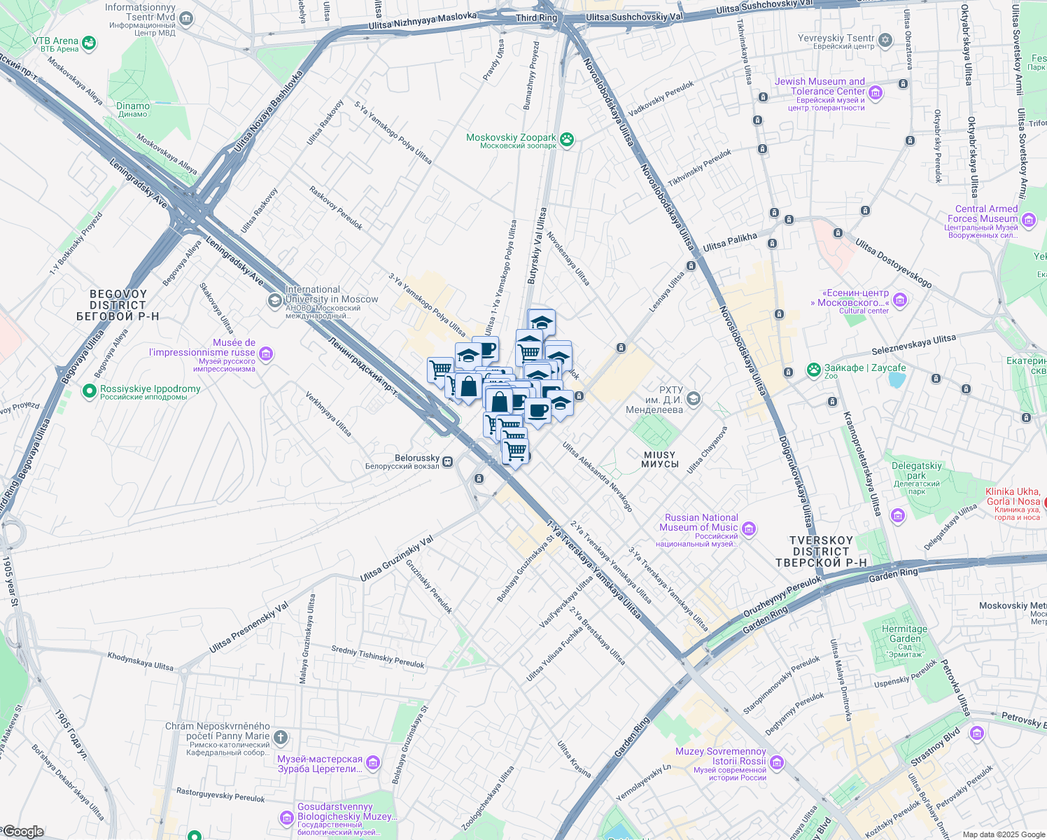 map of restaurants, bars, coffee shops, grocery stores, and more near in Moscow