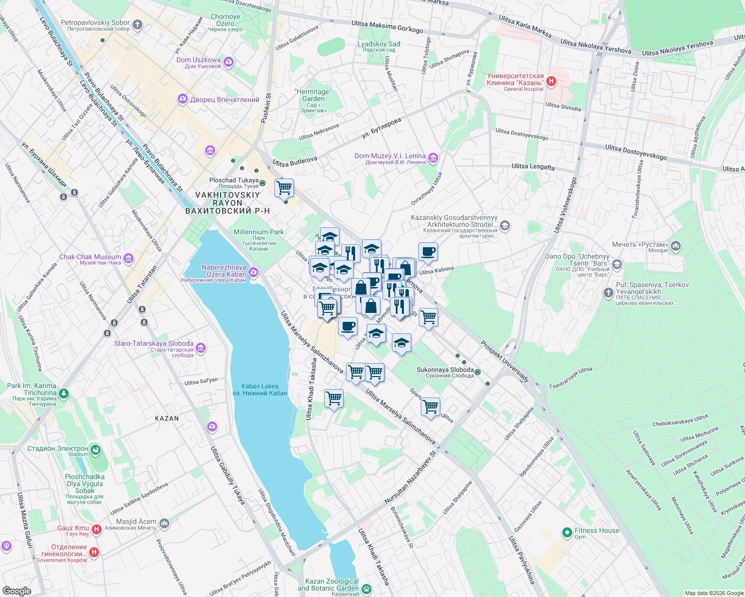 map of restaurants, bars, coffee shops, grocery stores, and more near 52 Peterburgskaya Street in Kazan