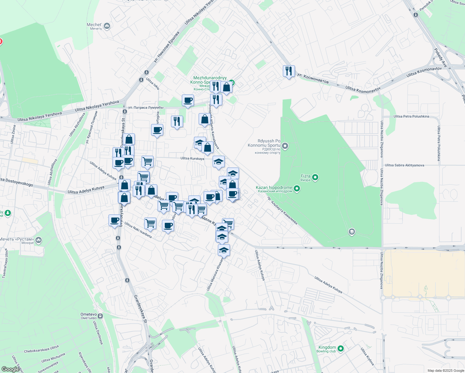 map of restaurants, bars, coffee shops, grocery stores, and more near in Kazan