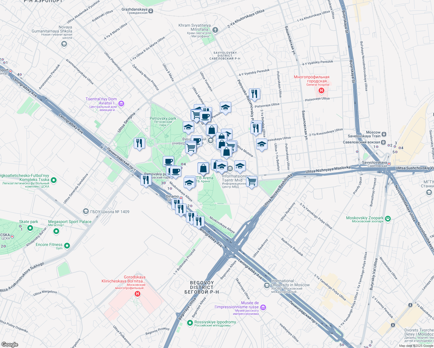 map of restaurants, bars, coffee shops, grocery stores, and more near 36 Leningradsky Avenue in Moscow