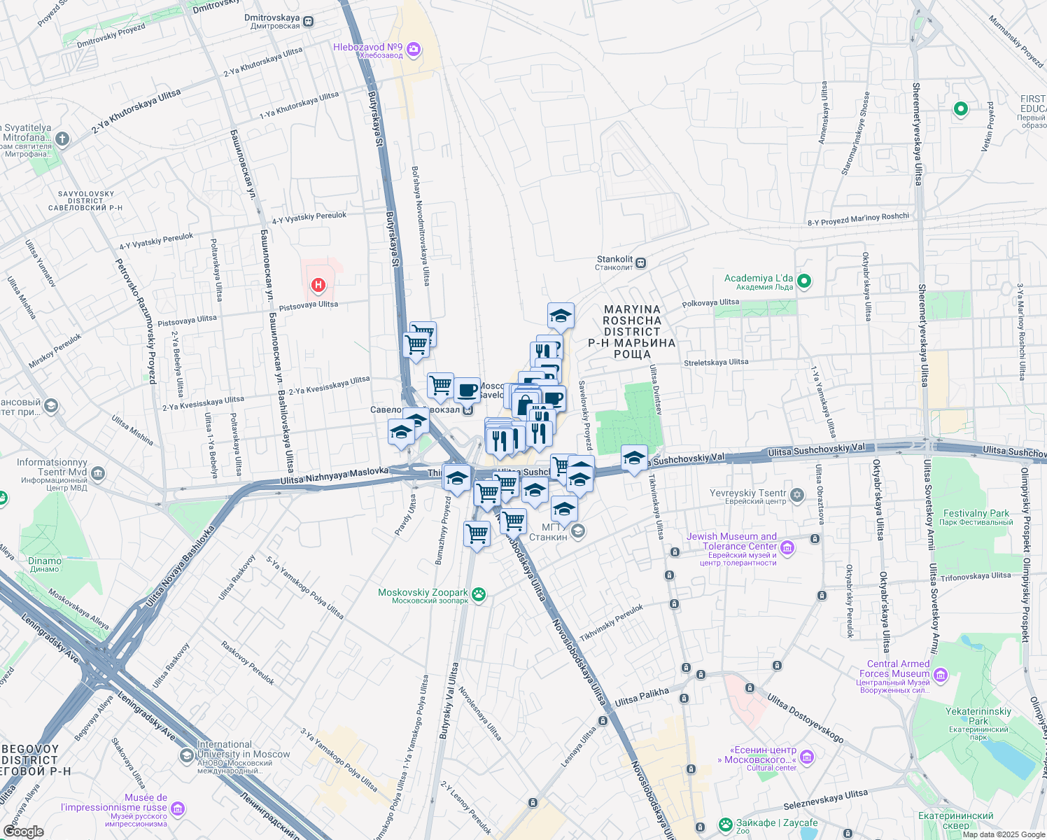 map of restaurants, bars, coffee shops, grocery stores, and more near in Moskva