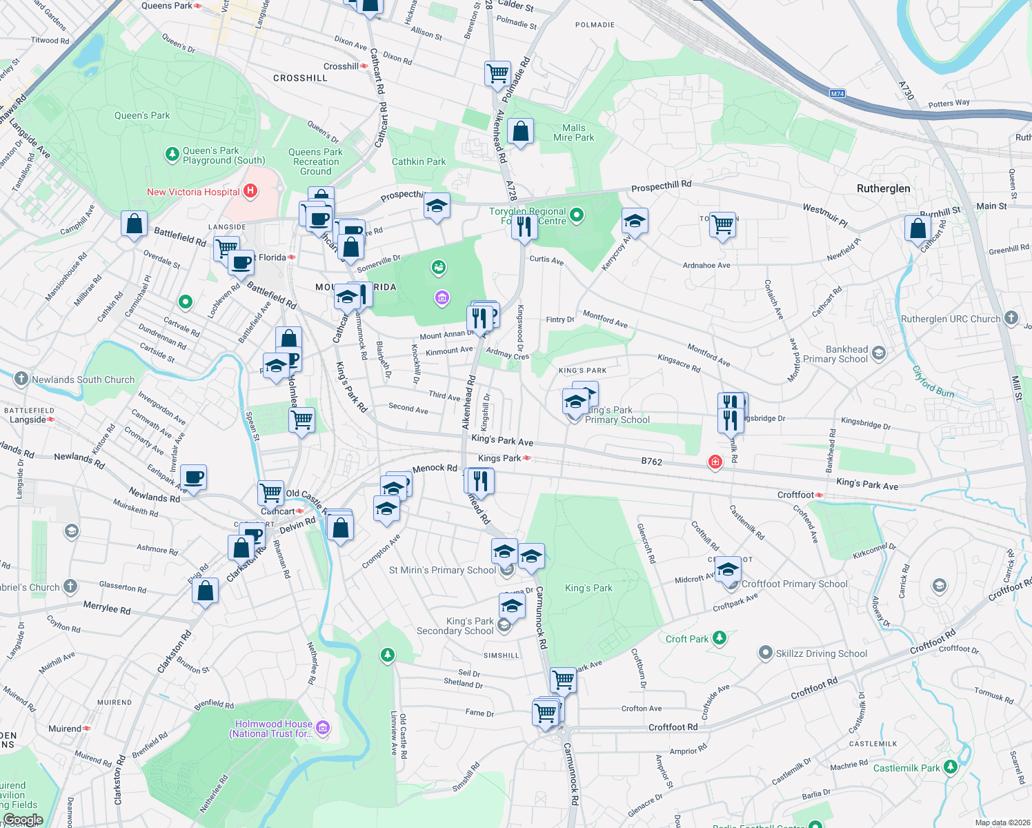 map of restaurants, bars, coffee shops, grocery stores, and more near 158 Kingswood Drive in Glasgow City