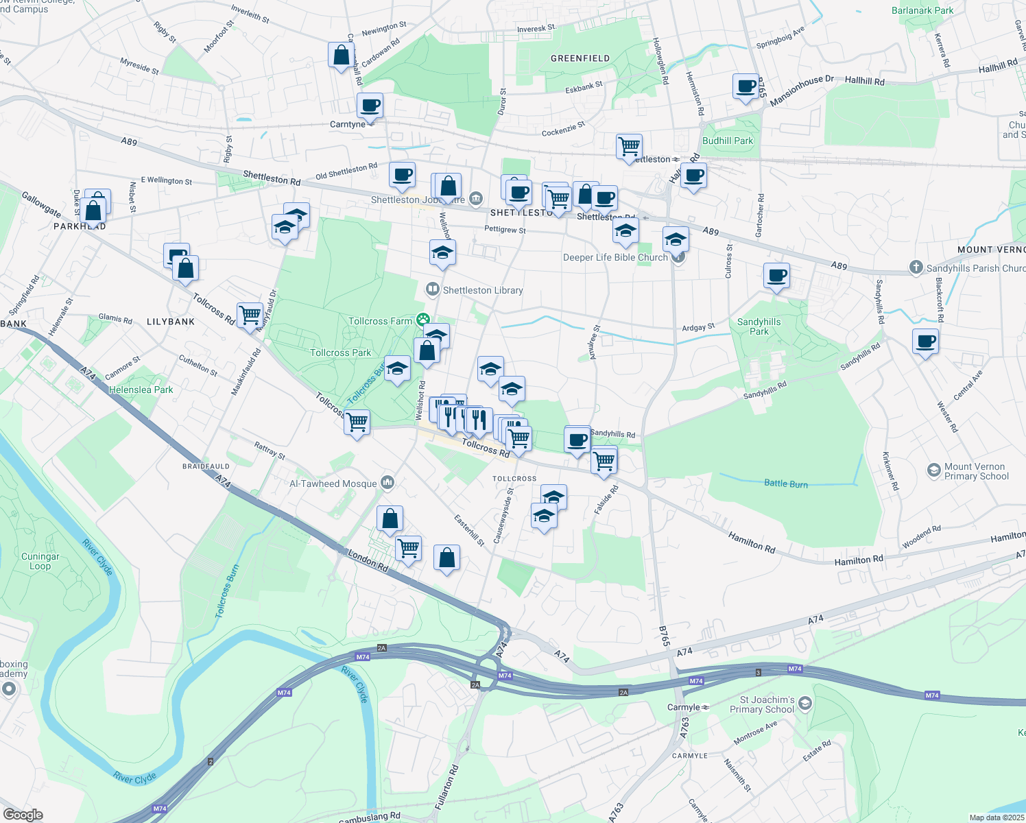 map of restaurants, bars, coffee shops, grocery stores, and more near 85 Anwoth Street in Glasgow