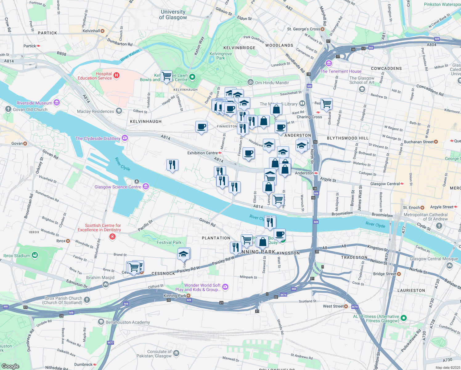 map of restaurants, bars, coffee shops, grocery stores, and more near 192 Finnieston Street in Glasgow City