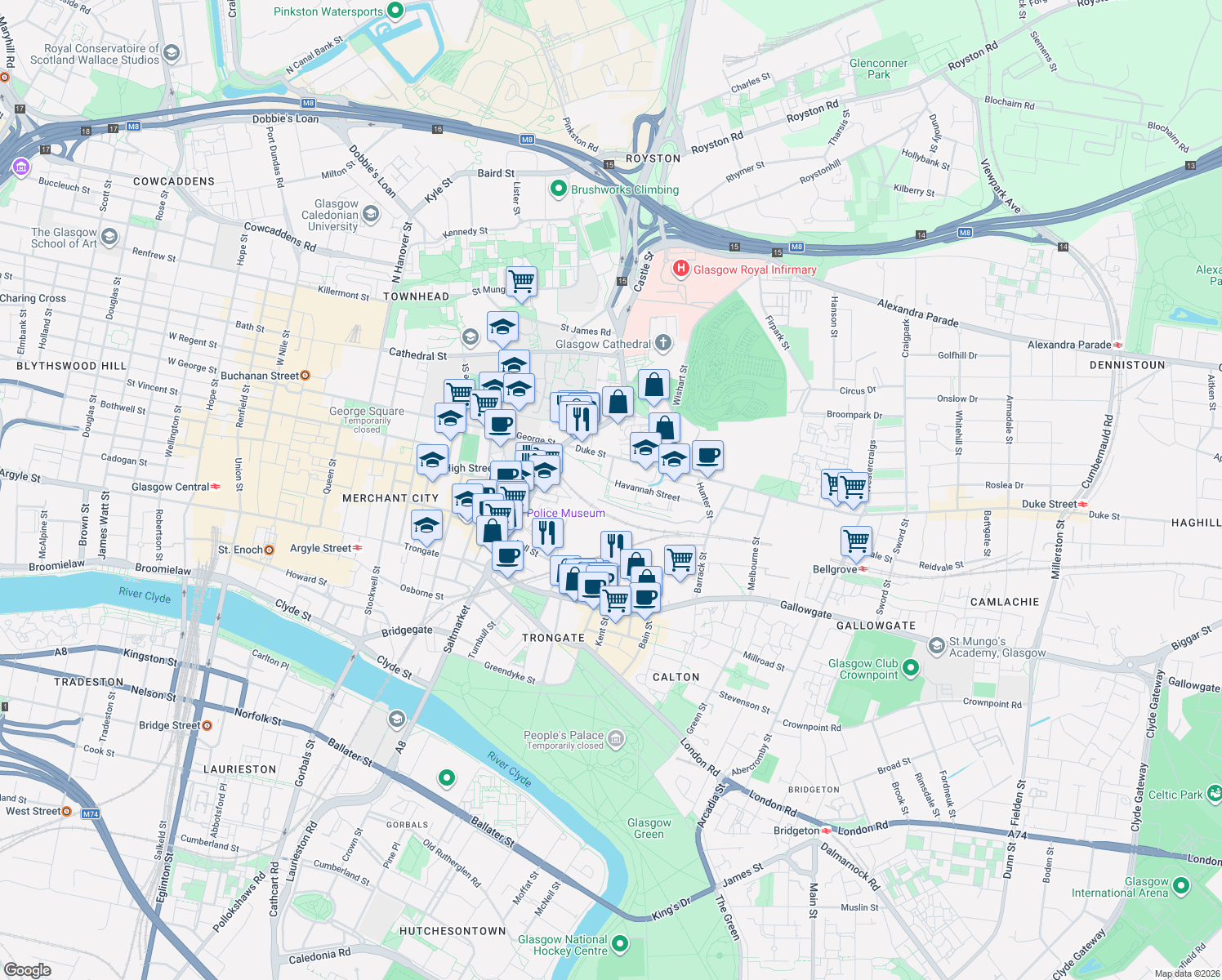 map of restaurants, bars, coffee shops, grocery stores, and more near 10 Havannah Street in Glasgow City