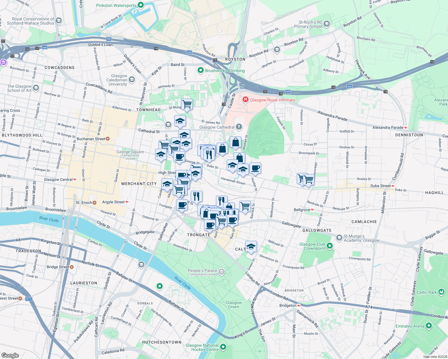 map of restaurants, bars, coffee shops, grocery stores, and more near 10 Havannah Street in Glasgow City