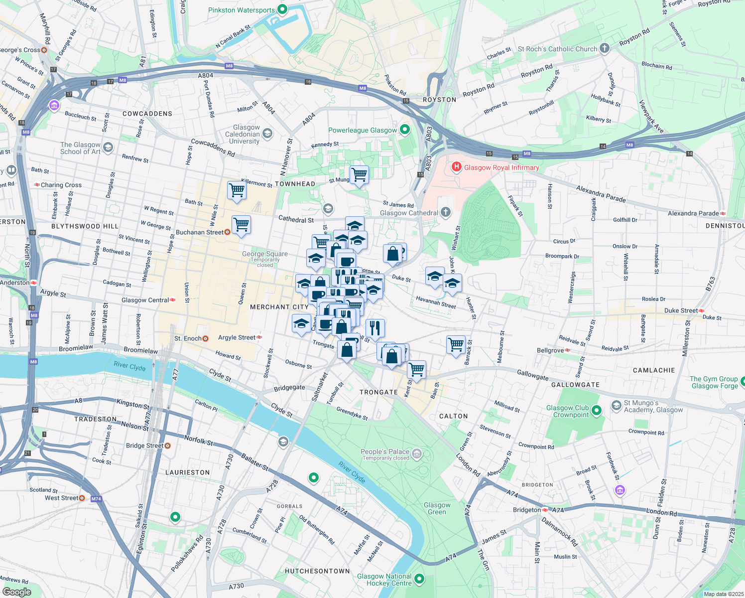map of restaurants, bars, coffee shops, grocery stores, and more near 136 High Street in Glasgow City