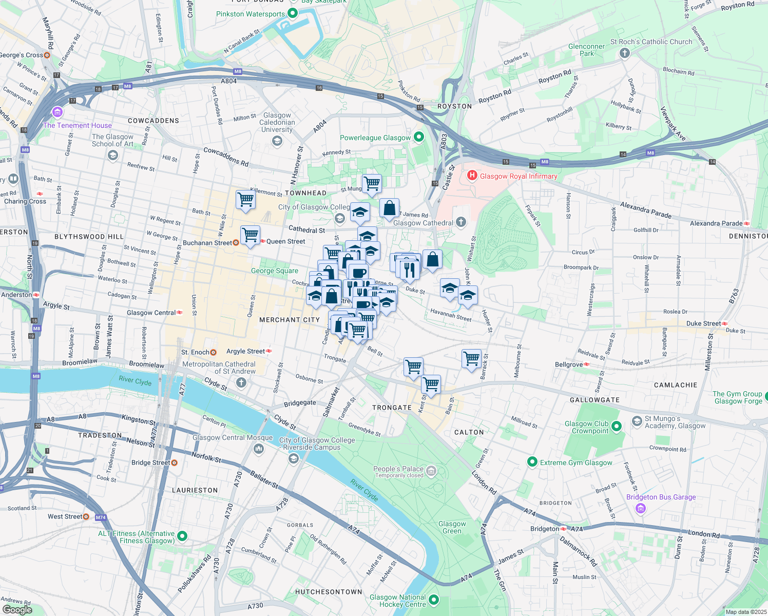 map of restaurants, bars, coffee shops, grocery stores, and more near 136 High Street in Glasgow City