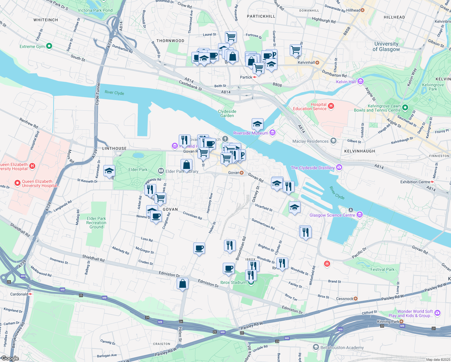 map of restaurants, bars, coffee shops, grocery stores, and more near in Glasgow City