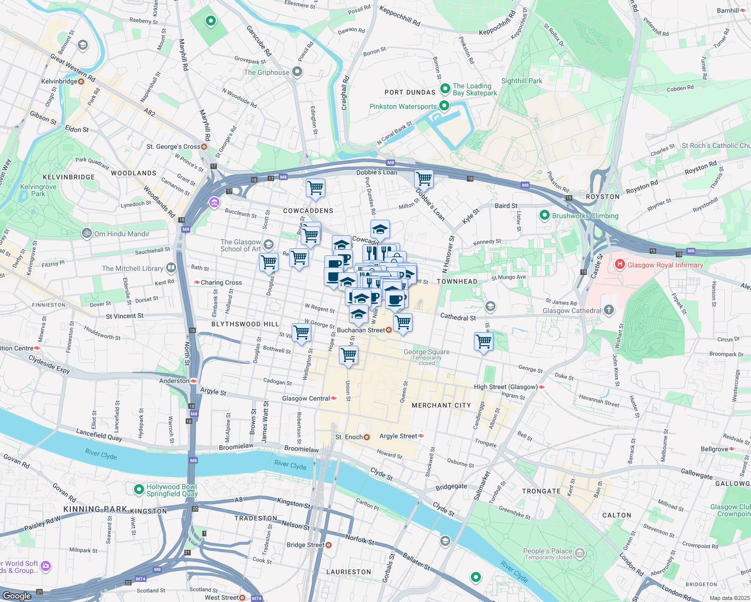 map of restaurants, bars, coffee shops, grocery stores, and more near West Nile Street in Glasgow City