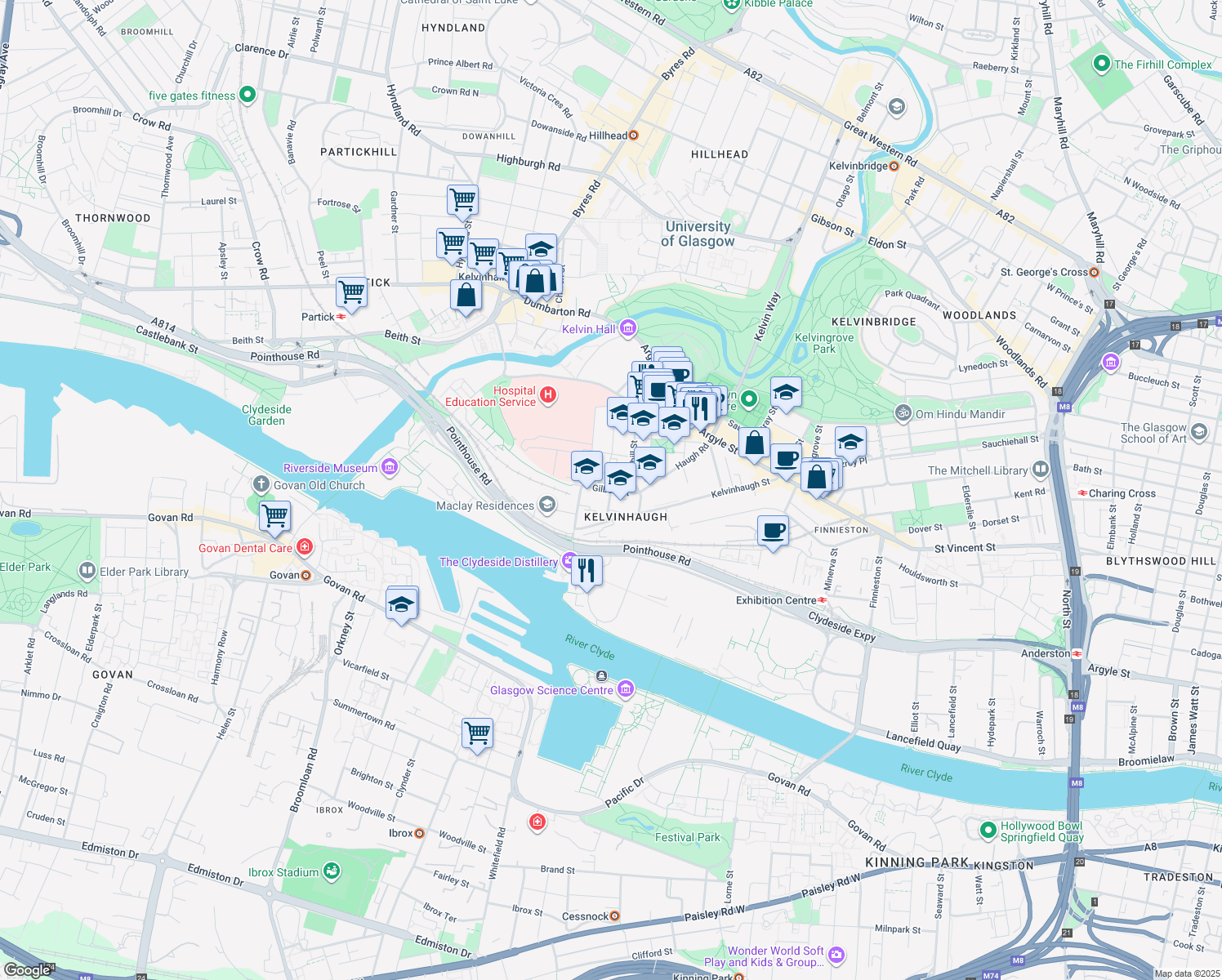 map of restaurants, bars, coffee shops, grocery stores, and more near 31 Gilbert Street in Glasgow City