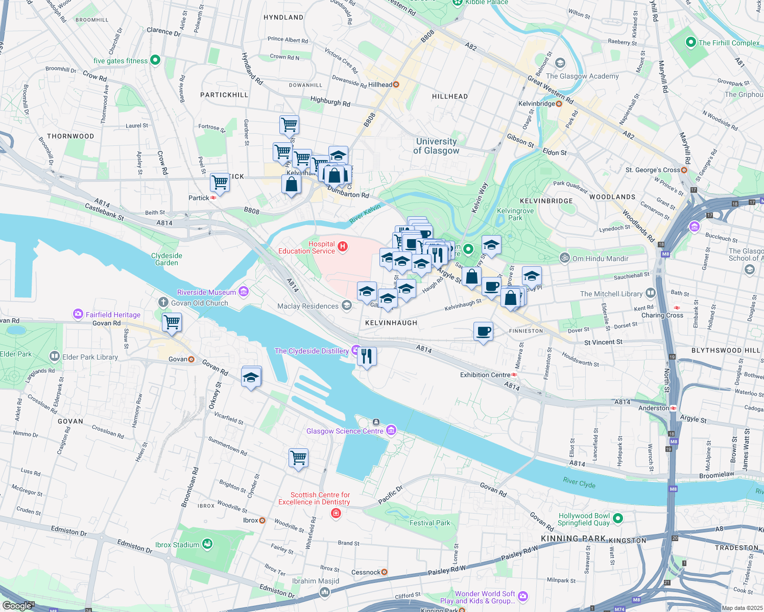 map of restaurants, bars, coffee shops, grocery stores, and more near 31 Gilbert Street in Glasgow City