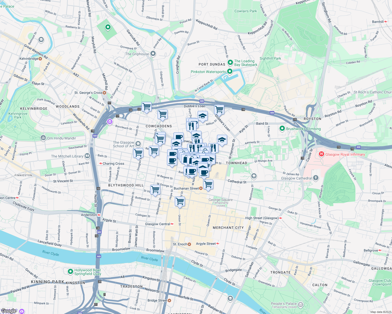 map of restaurants, bars, coffee shops, grocery stores, and more near West Nile Street in Glasgow City