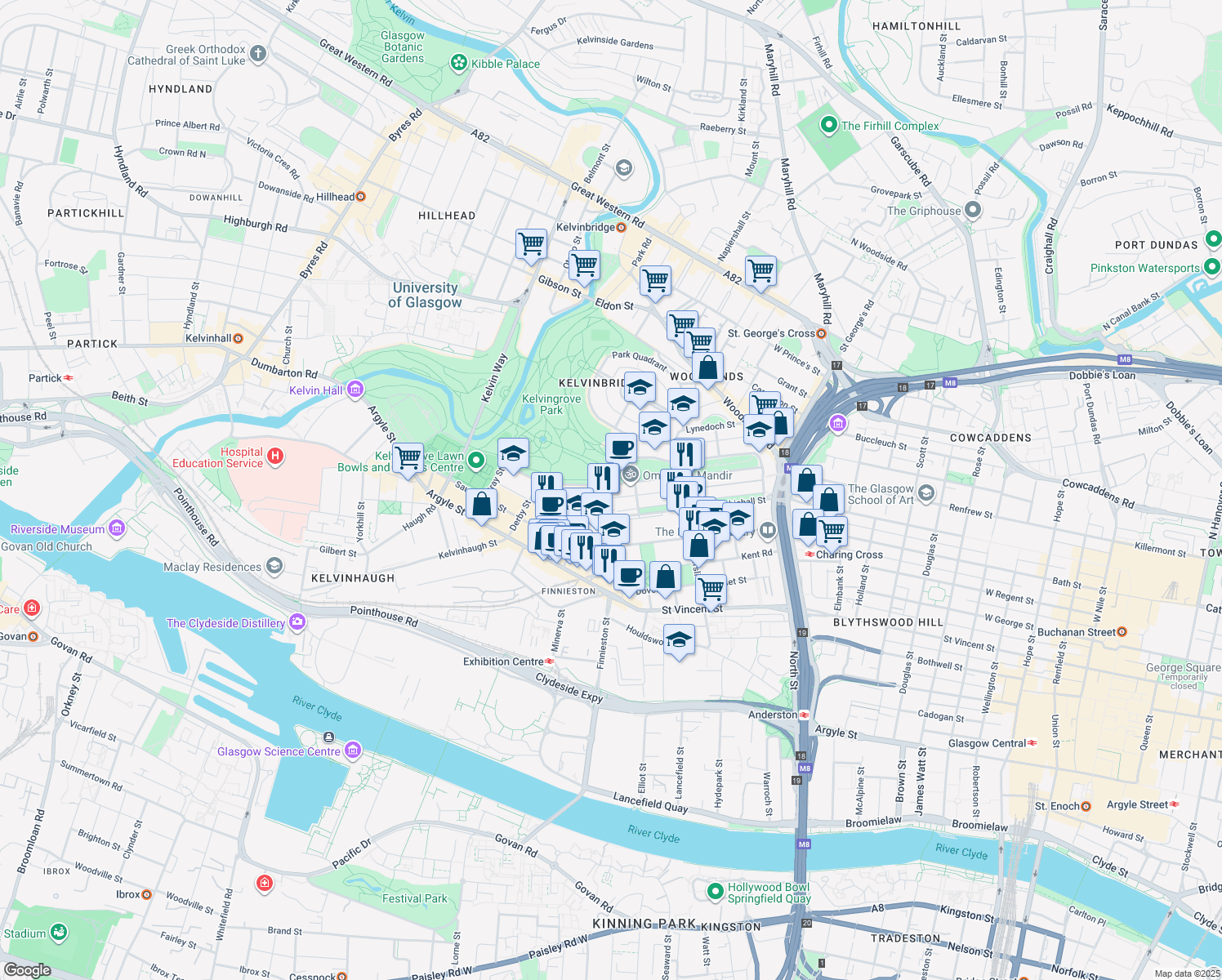 map of restaurants, bars, coffee shops, grocery stores, and more near 20 North Claremont Street in Glasgow City