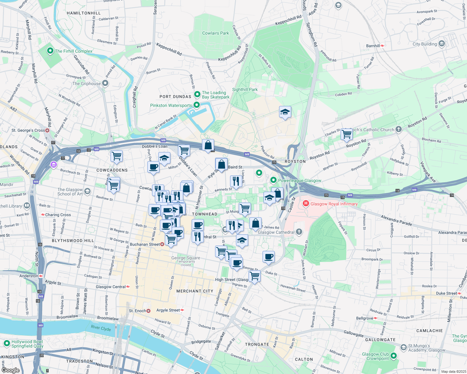 map of restaurants, bars, coffee shops, grocery stores, and more near 210 Kennedy Street in Glasgow City