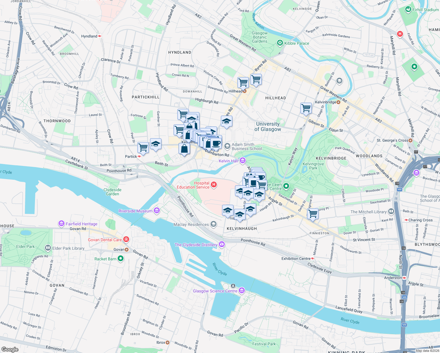 map of restaurants, bars, coffee shops, grocery stores, and more near 180 Old Dumbarton Road in Glasgow City