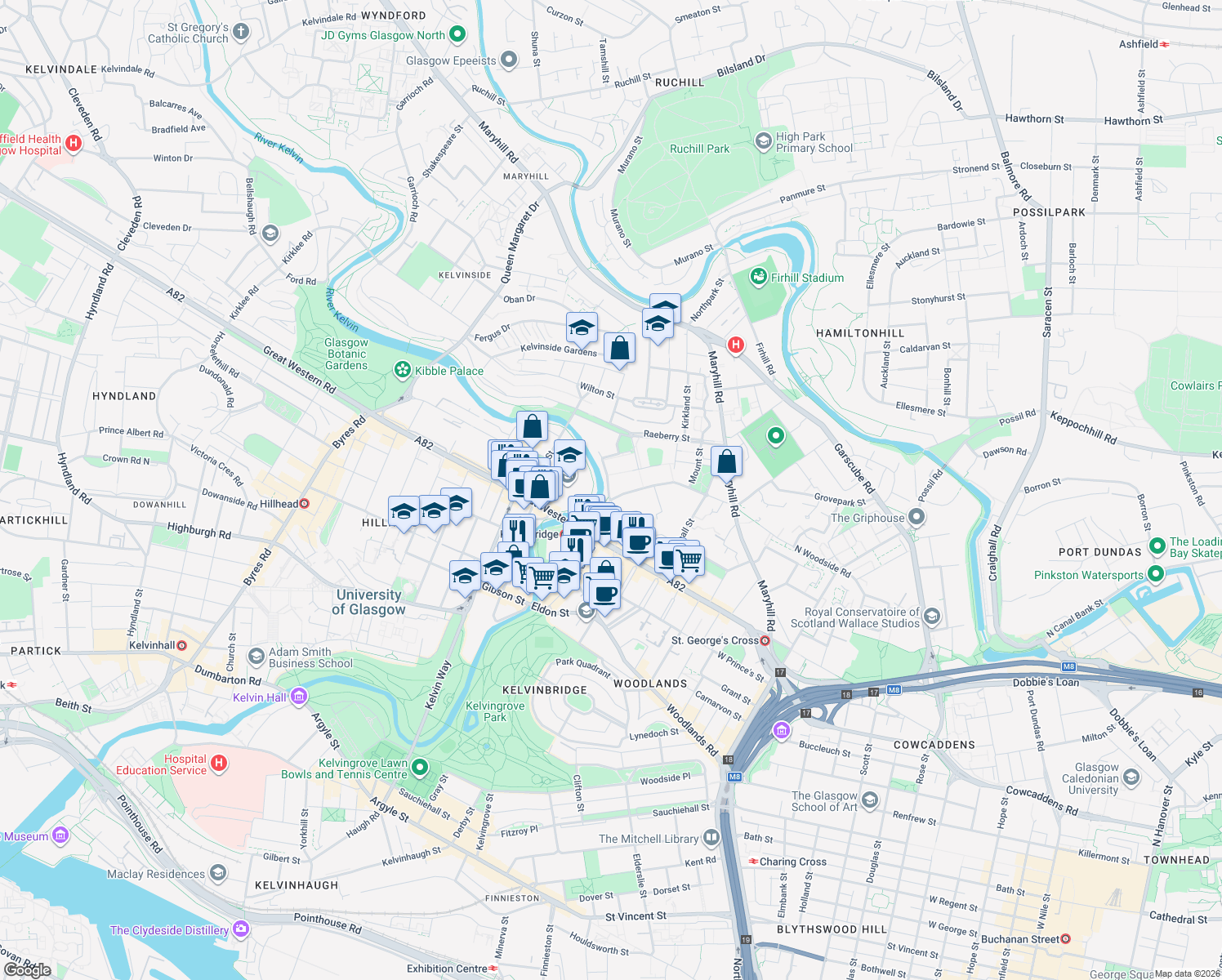 map of restaurants, bars, coffee shops, grocery stores, and more near 90 South Woodside Road in Glasgow City