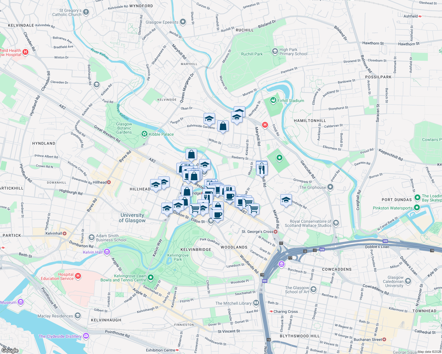 map of restaurants, bars, coffee shops, grocery stores, and more near 90 South Woodside Road in Glasgow City