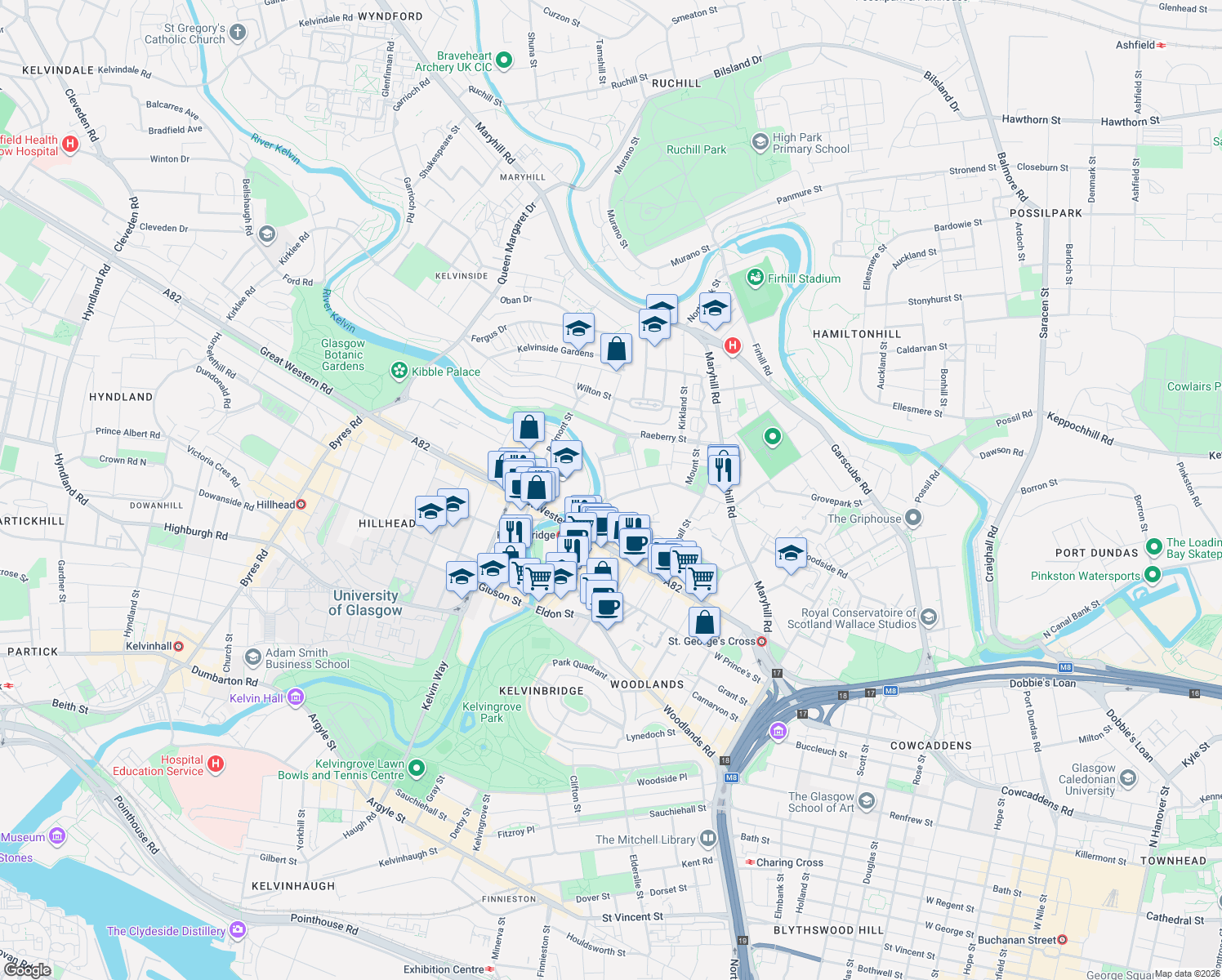 map of restaurants, bars, coffee shops, grocery stores, and more near 90 South Woodside Road in Glasgow City