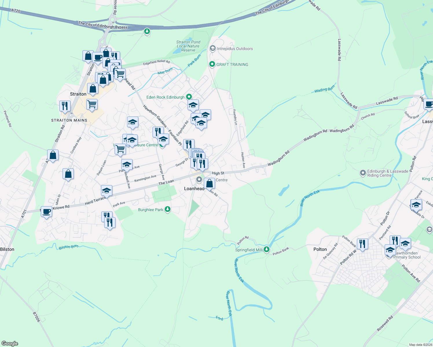 map of restaurants, bars, coffee shops, grocery stores, and more near in Loanhead