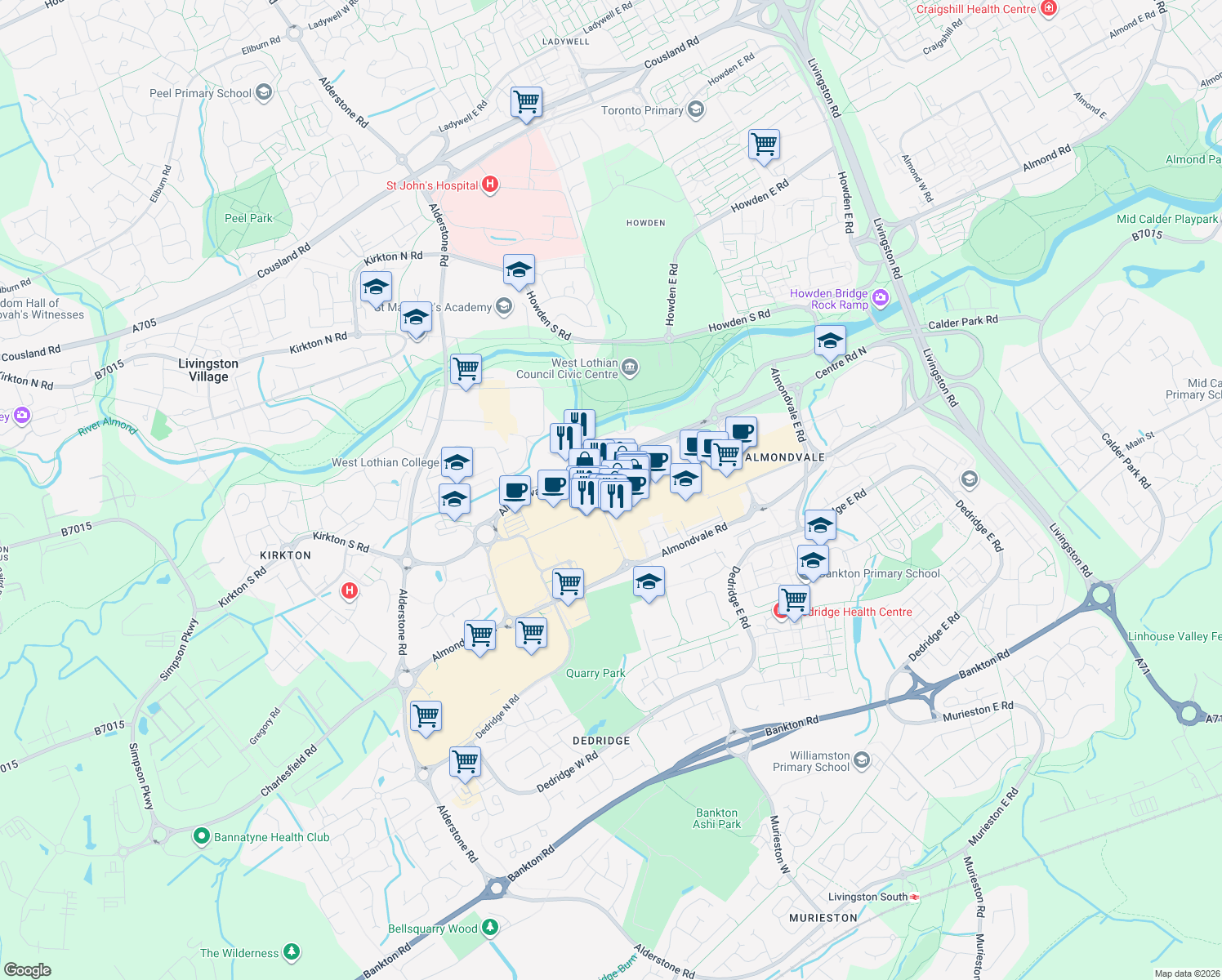 map of restaurants, bars, coffee shops, grocery stores, and more near 90 Almondvale Avenue in West Lothian