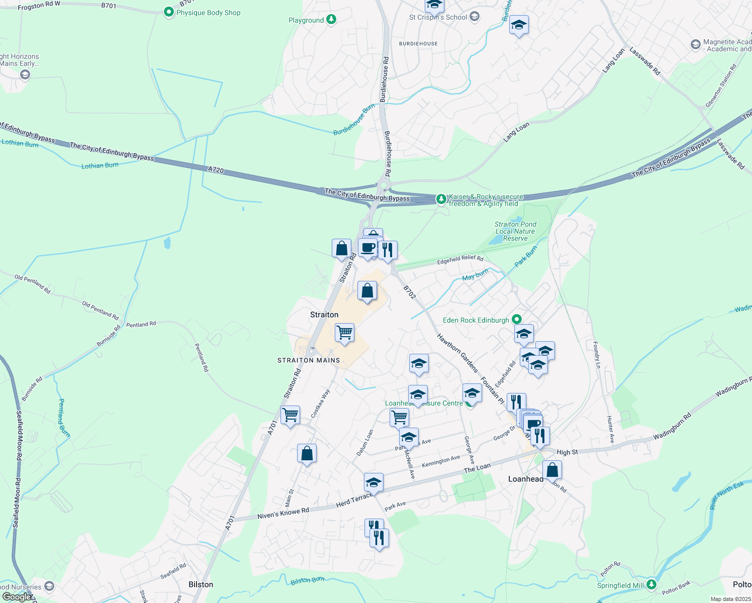 map of restaurants, bars, coffee shops, grocery stores, and more near Straiton Mains in Straiton