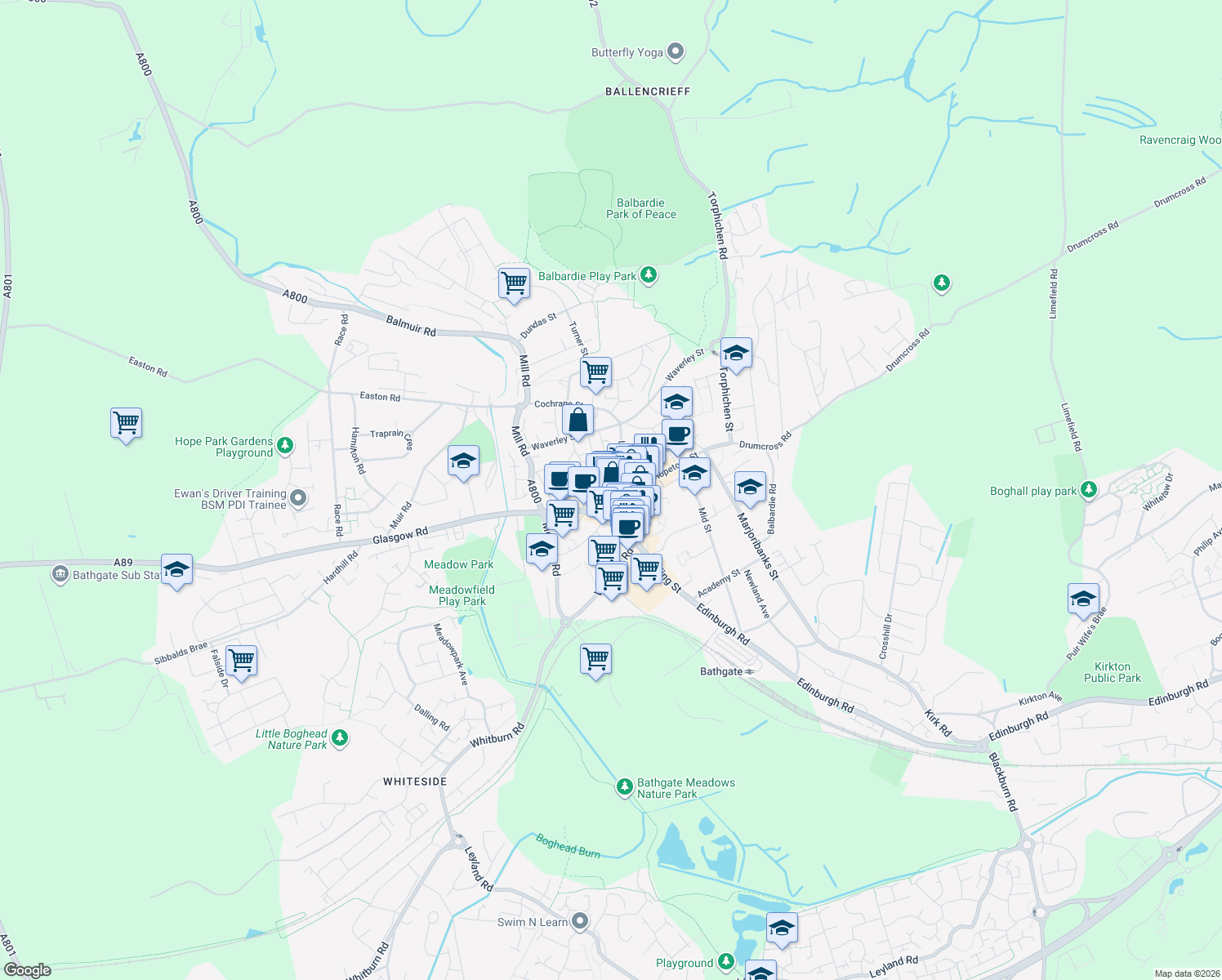 map of restaurants, bars, coffee shops, grocery stores, and more near in Bathgate