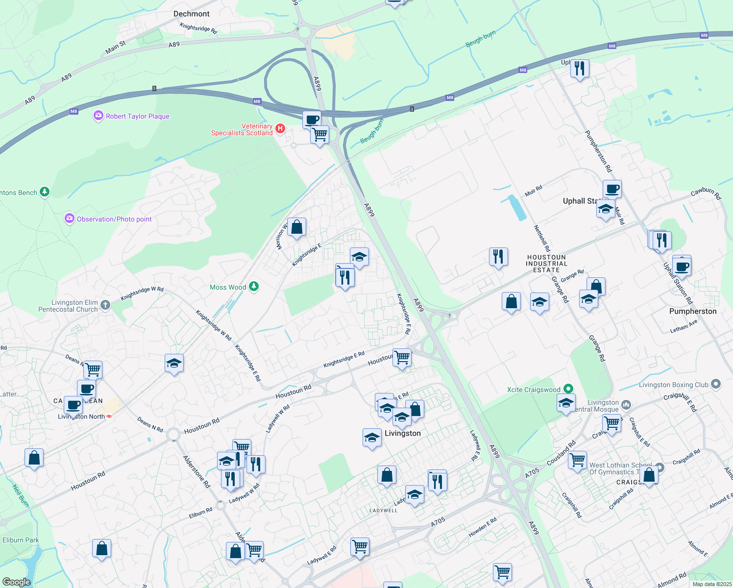map of restaurants, bars, coffee shops, grocery stores, and more near Cameron Way in West Lothian
