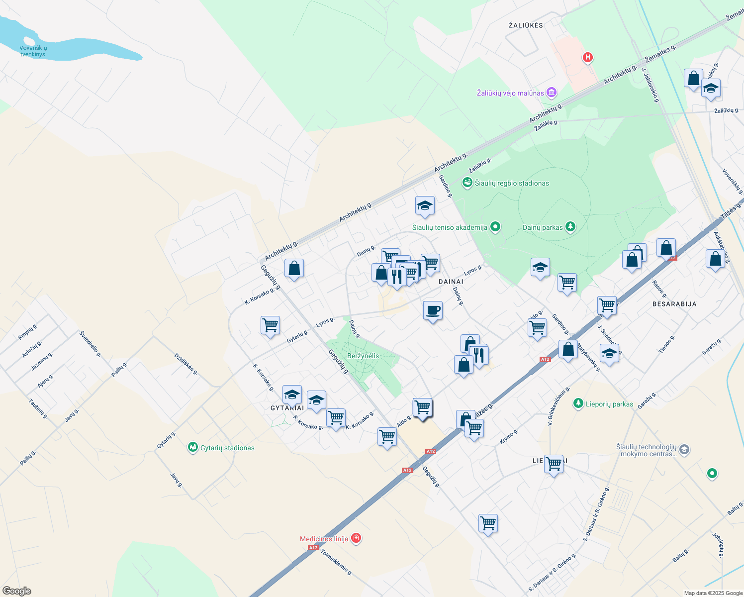 map of restaurants, bars, coffee shops, grocery stores, and more near in Siauliai