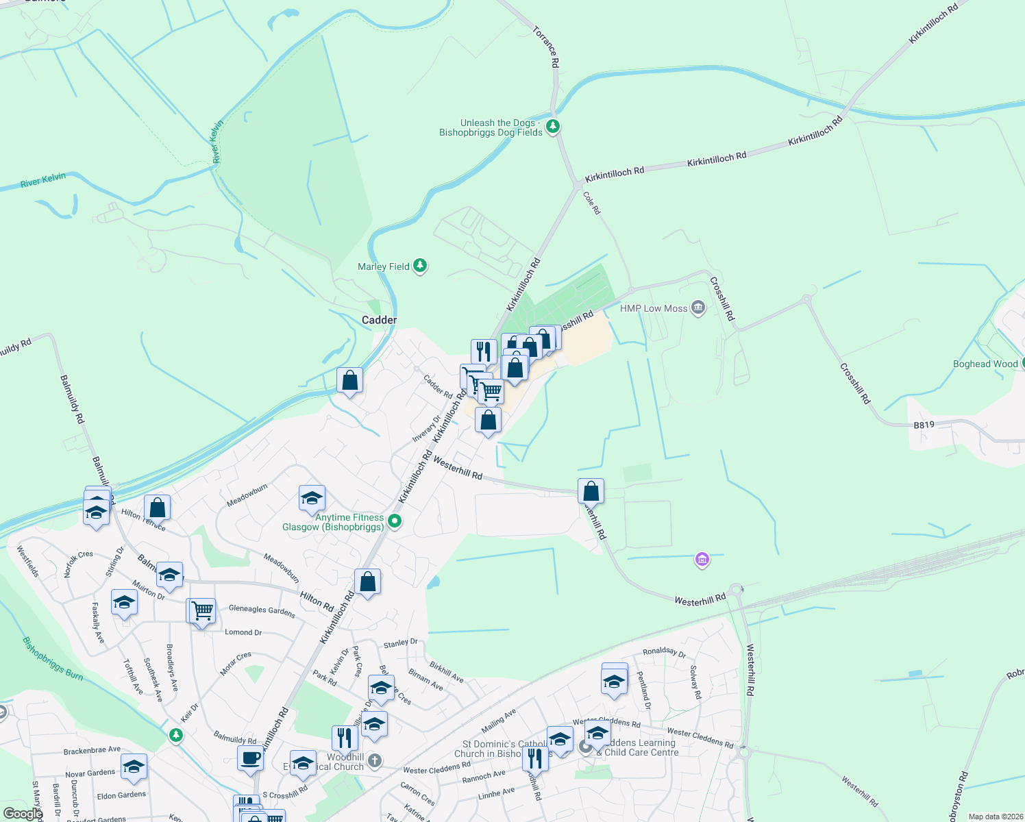 map of restaurants, bars, coffee shops, grocery stores, and more near 28 Wellington Road in Bishopbriggs