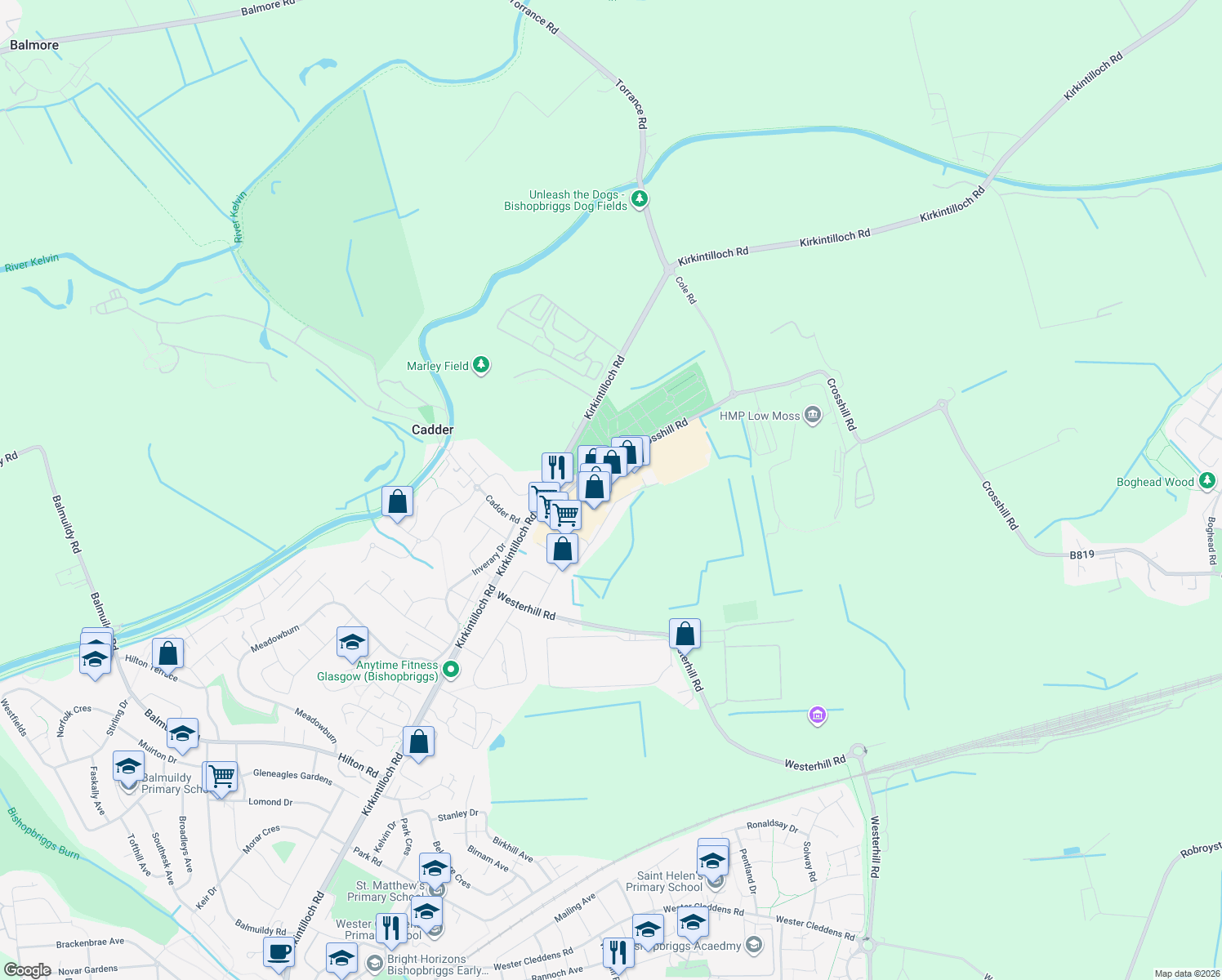 map of restaurants, bars, coffee shops, grocery stores, and more near 28 Wellington Road in Bishopbriggs