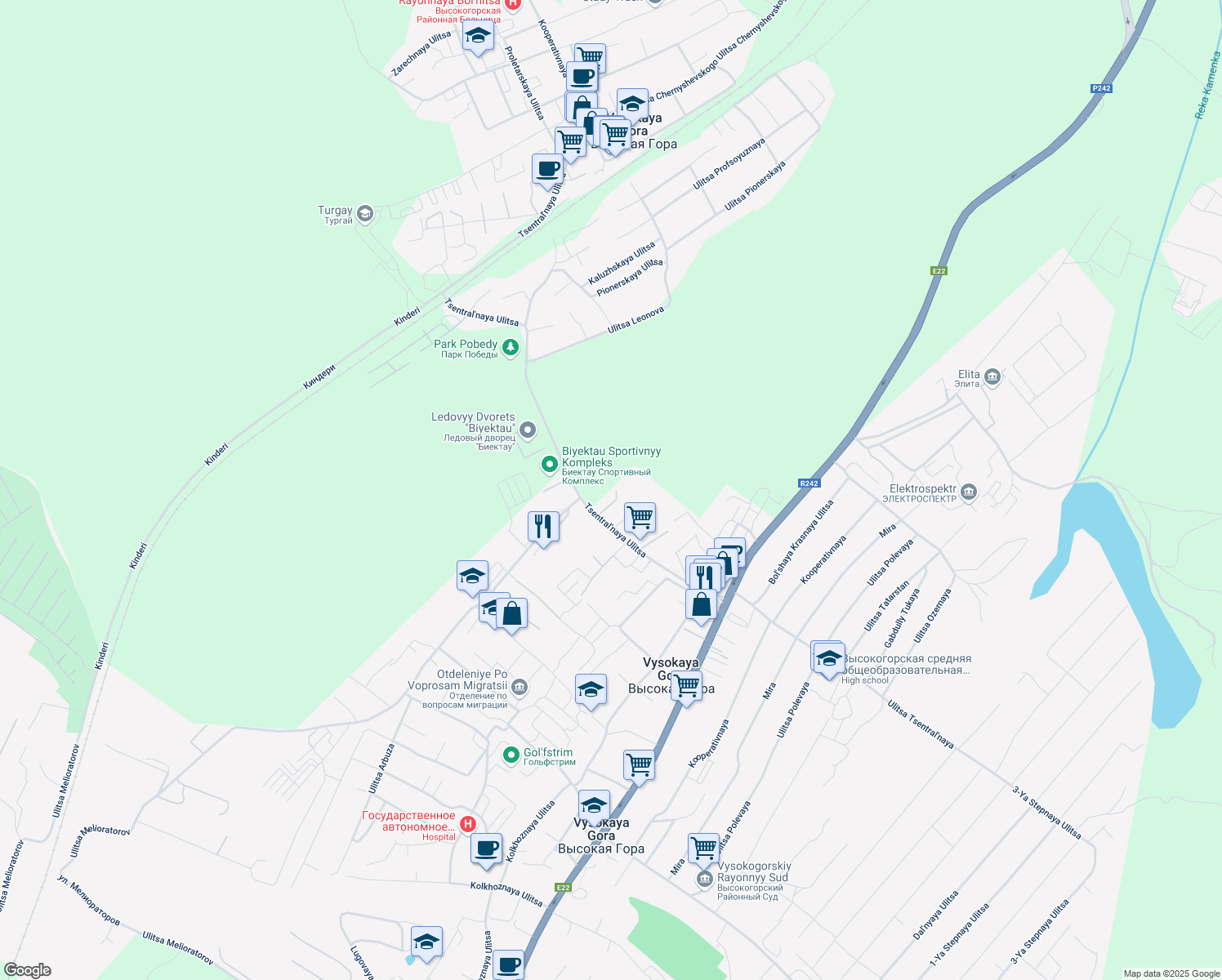 map of restaurants, bars, coffee shops, grocery stores, and more near in Vysokogorsky District