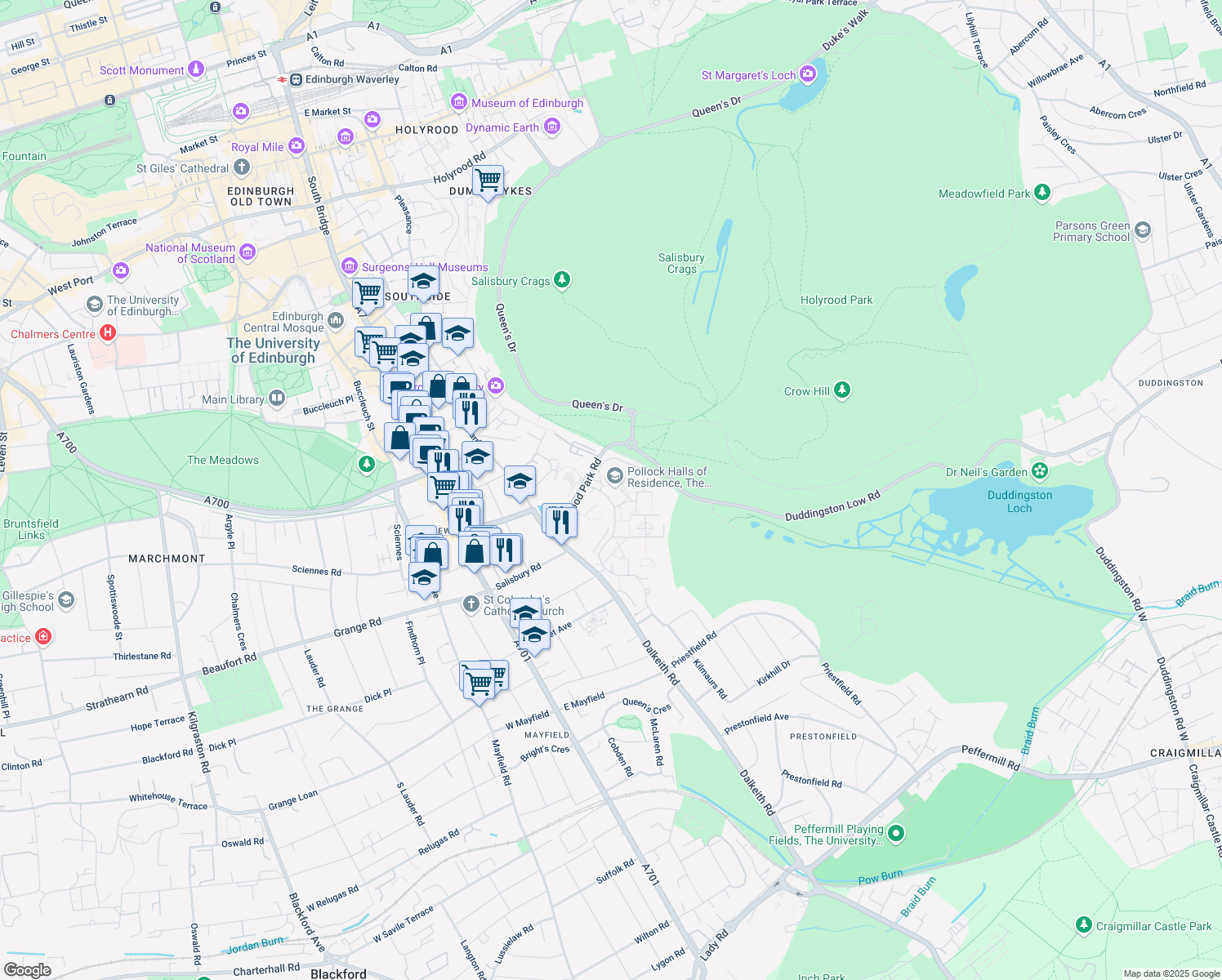 map of restaurants, bars, coffee shops, grocery stores, and more near 18 Holyrood Park Road in Edinburgh