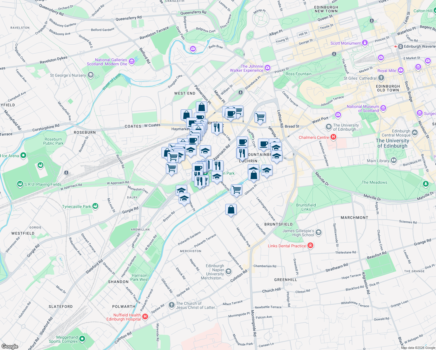 map of restaurants, bars, coffee shops, grocery stores, and more near 114 Dundee Street in Edinburgh