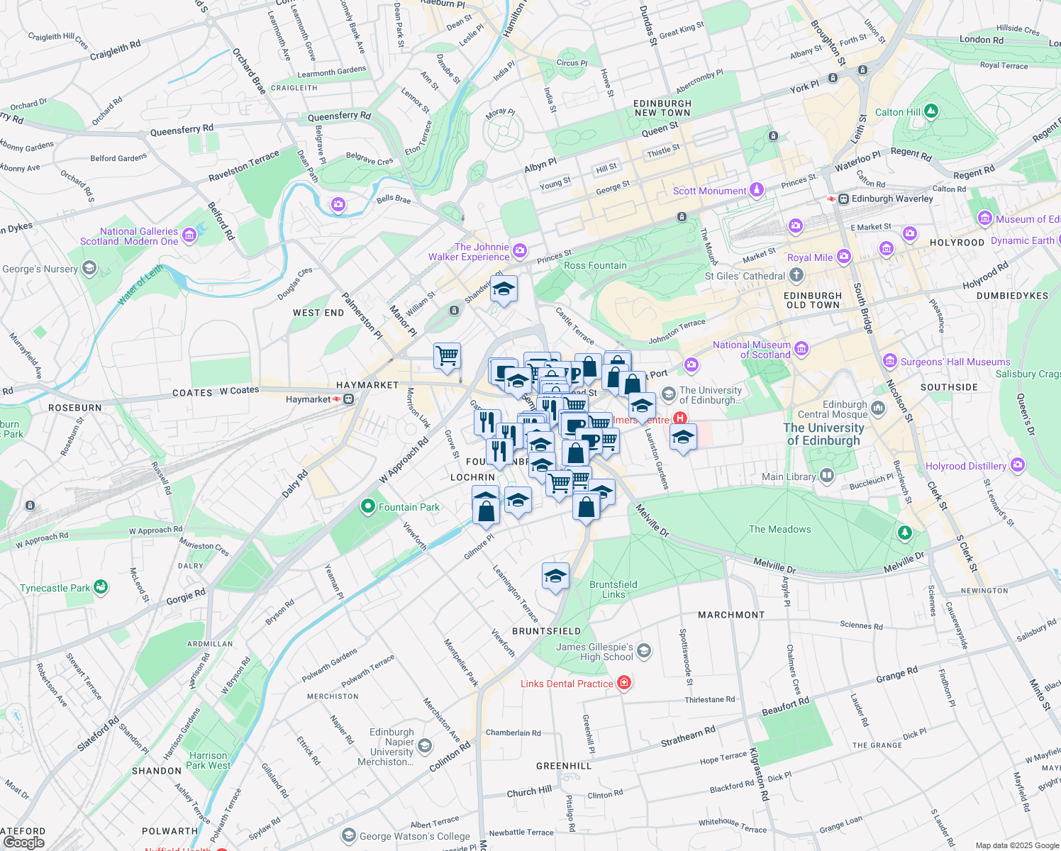 map of restaurants, bars, coffee shops, grocery stores, and more near 5 Semple Street in Edinburgh